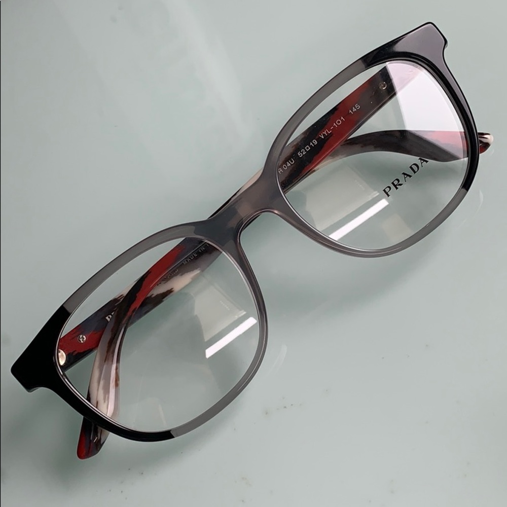 Prada grey, black, red round prescription frames